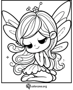 Adorable fairy coloring page with intricate wings and flowing hair, perfect for kids and adults to color.