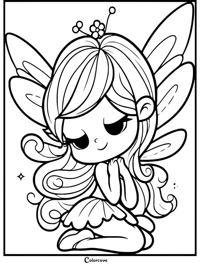 A cute chibi fairy with long hair and a flower headband, featuring delicate wings and a gentle smile in this printable coloring page.