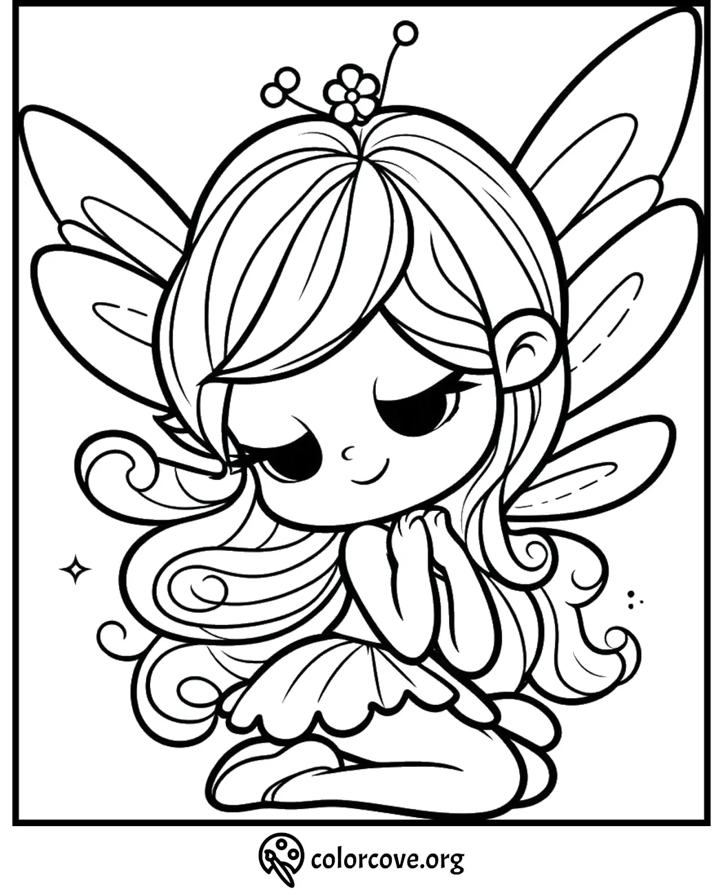 Adorable fairy coloring page with intricate wings and flowing hair, perfect for kids and adults to color.