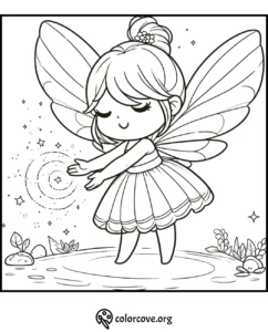 Coloring page of a cute fairy standing in a garden, with wings spread and stars around; perfect for kids' creativity.