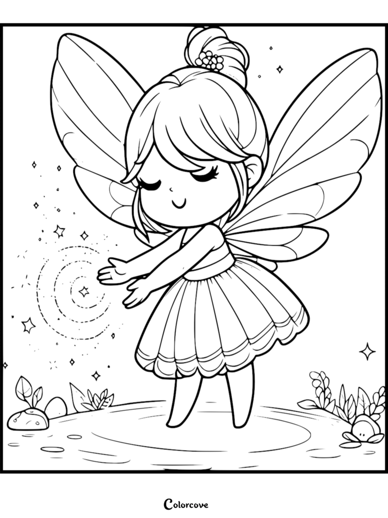 A cute chibi fairy with a high bun hairstyle and large wings casting a swirling magic spell, line art coloring page.