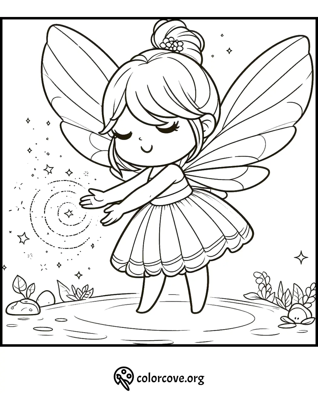 Coloring page of a cute fairy standing in a garden, with wings spread and stars around; perfect for kids' creativity.