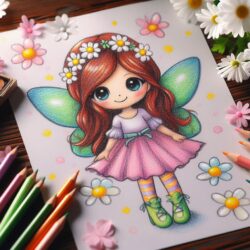 Coloring page featuring a cute fairy with green wings, surrounded by coloring pencils, flowers, and a paint palette.