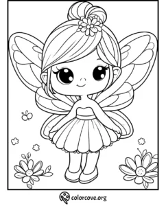 Cute fairy coloring page with big eyes, flower in hair, and butterfly wings. Perfect for kids' coloring activity.