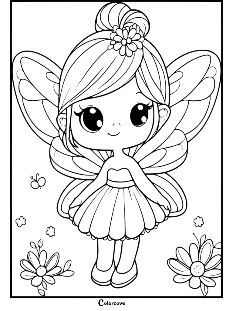 A cute fairy with a flower in her hair and large wings standing among flowers in this printable coloring page.