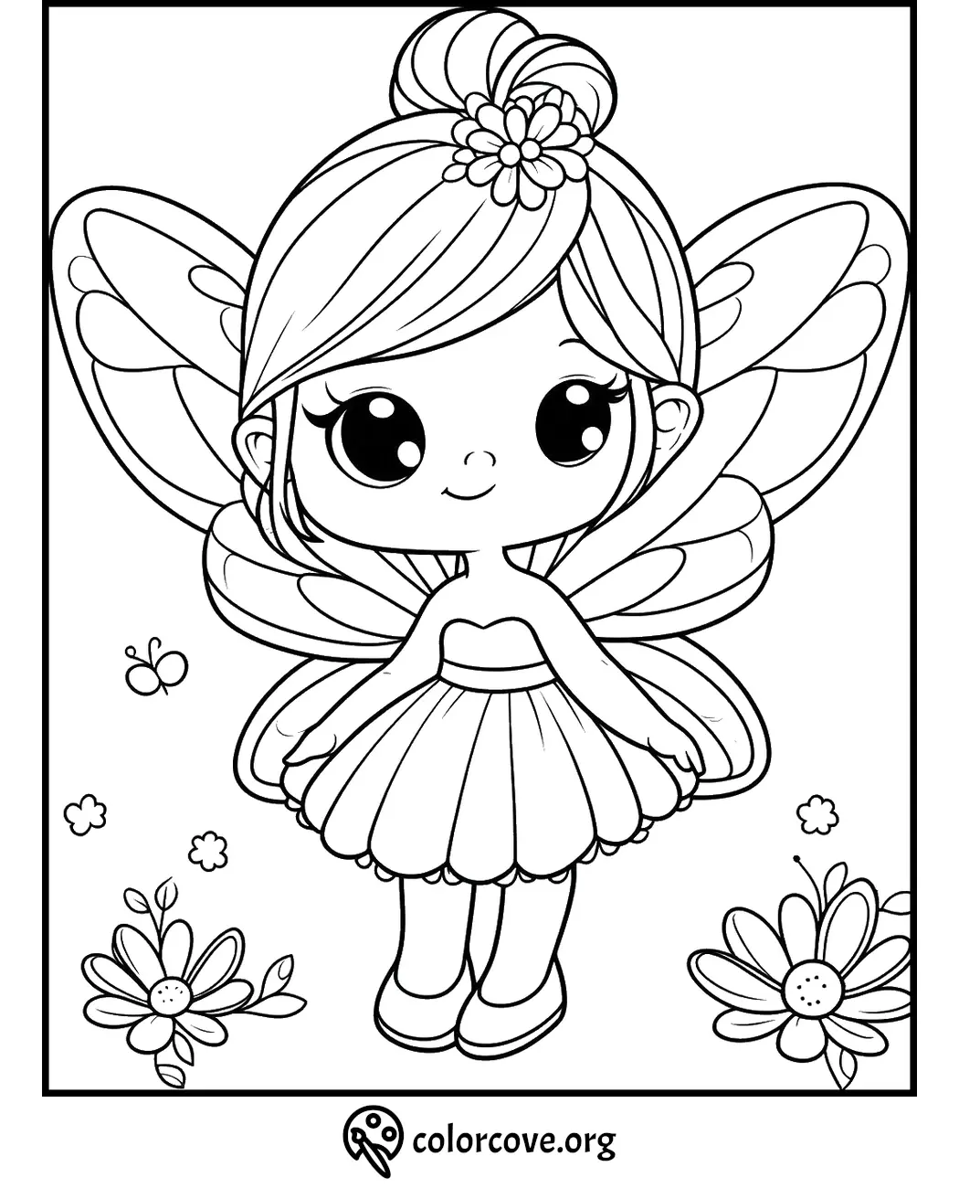 Cute fairy coloring page with big eyes, flower in hair, and butterfly wings. Perfect for kids' coloring activity.