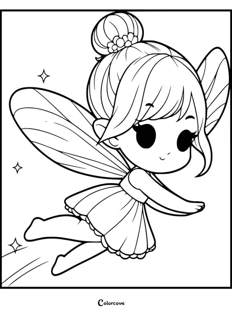 A cute chibi Tinker Bell coloring page featuring the fairy with a high bun hairstyle, large expressive eyes, and delicate wings flying amidst sparkling stars.