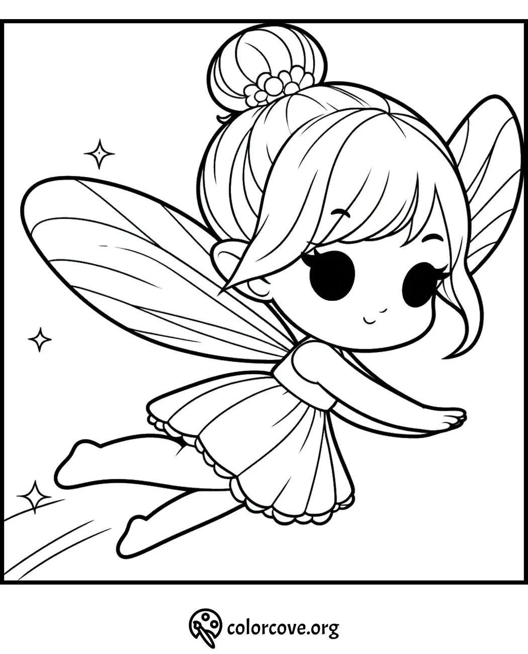 Cute fairy coloring page for kids featuring a winged fairy in a dress, floating in a magical scene. Colorcove.org