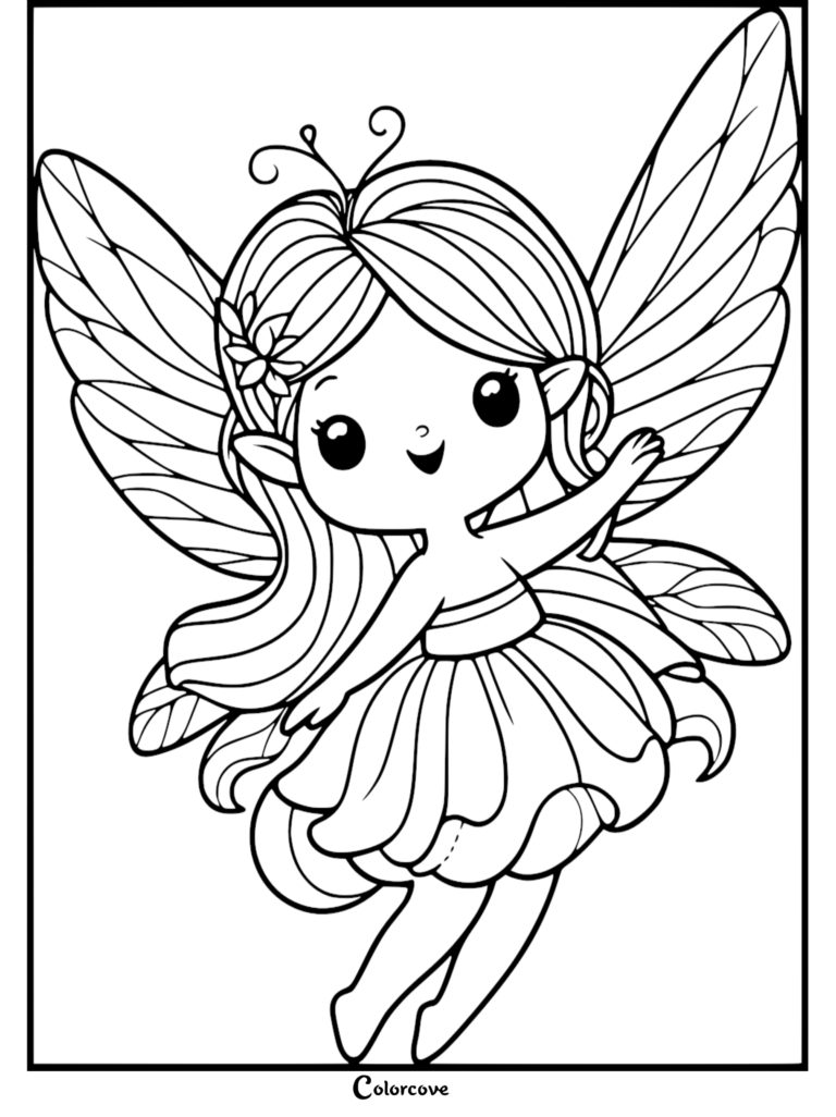 A cute chibi fairy with long hair, a flower accessory, and large wings, presented as a printable coloring page.