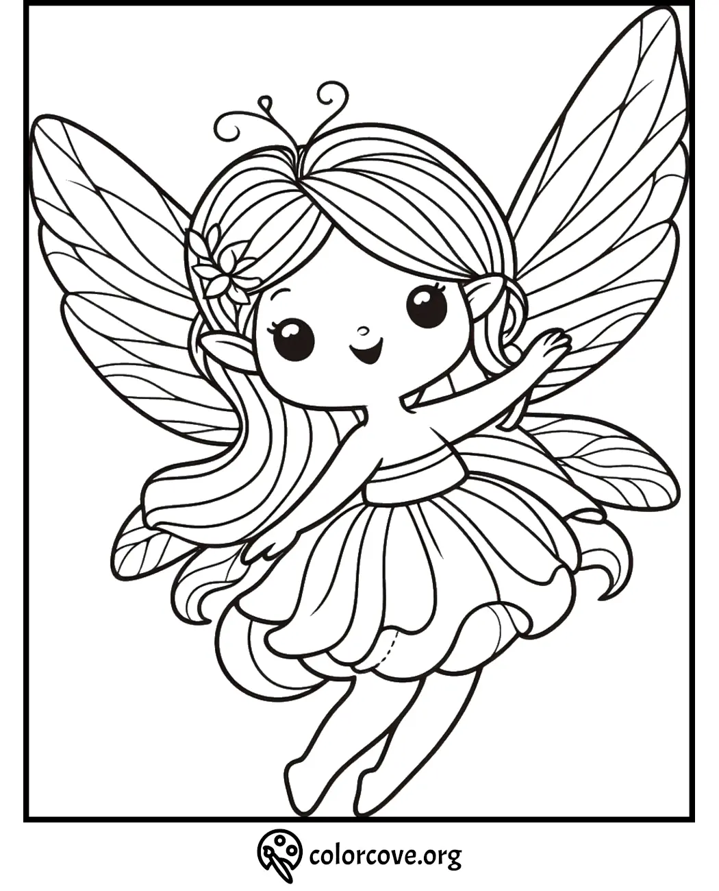 Cute fairy coloring page for children, featuring a smiling fairy with wings and flower dress. Perfect for kids' creativity.