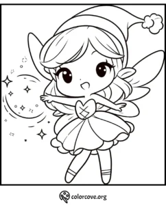 Cute fairy coloring page for kids, featuring a happy fairy with wings, magical sparkles, and a heart-shaped dress.