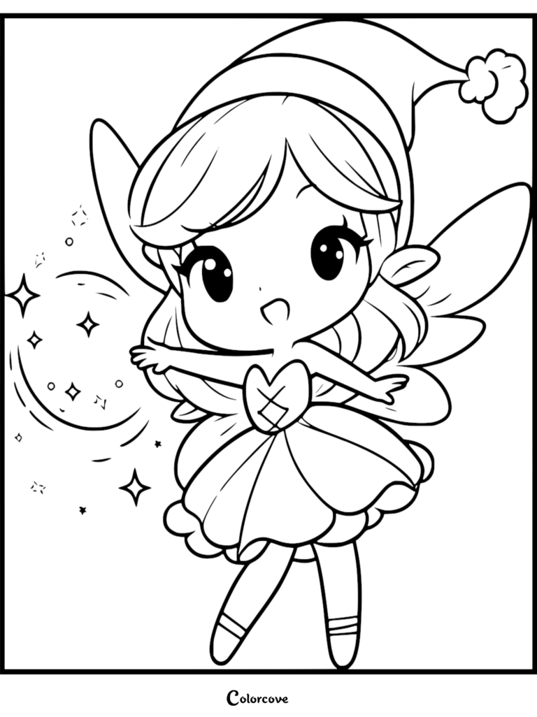 A cute chibi fairy wearing a pointed hat and heart-shaped bodice casting a magical spell with sparkling stars, printable coloring page.