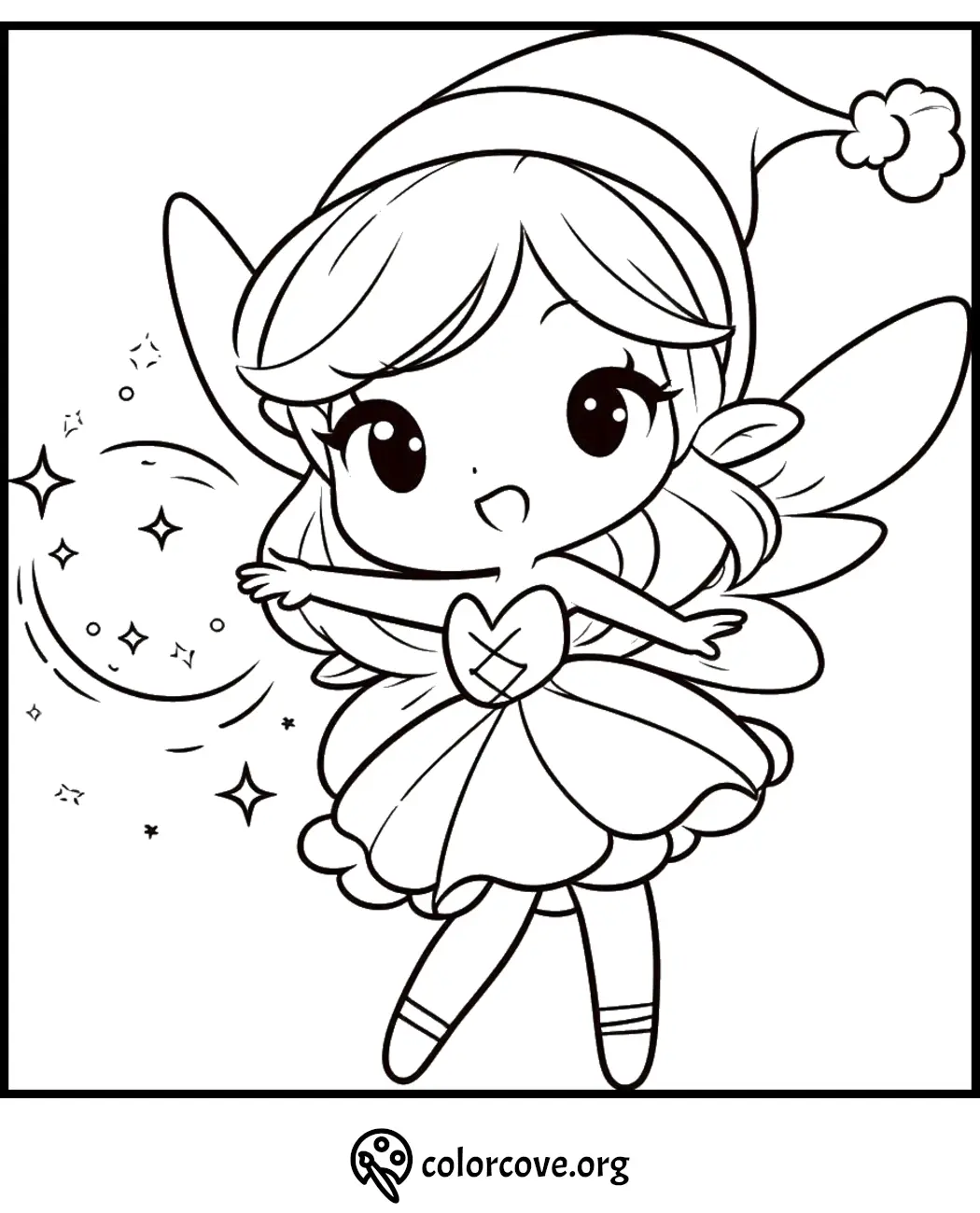 Cute fairy coloring page for kids, featuring a happy fairy with wings, magical sparkles, and a heart-shaped dress.