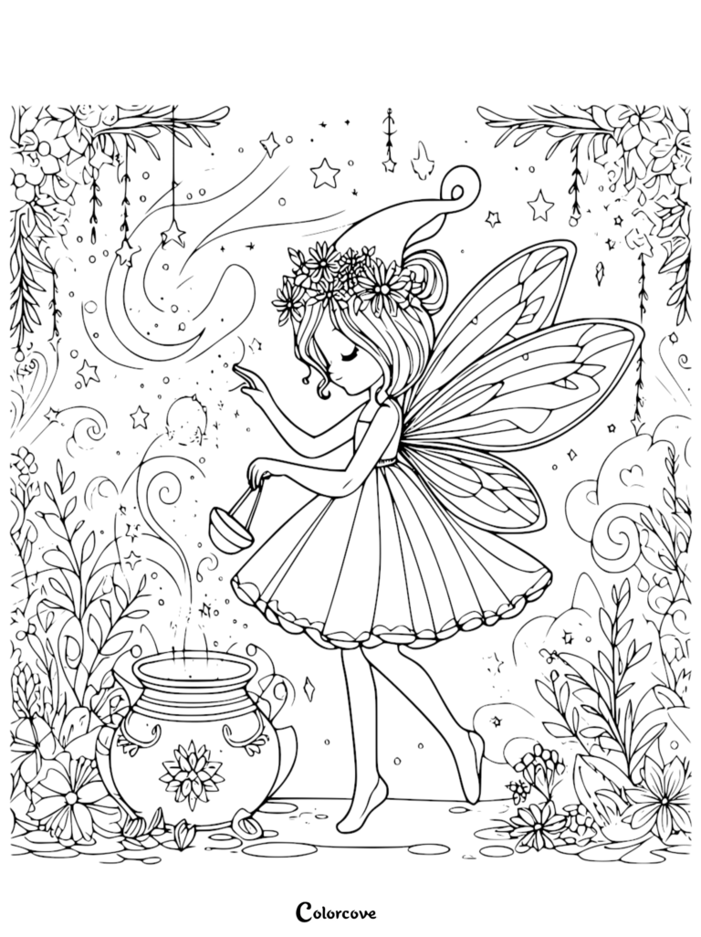 A fairy wearing a flower crown and dress casting a spell over a bubbling cauldron in a magical forest, detailed line art coloring page.