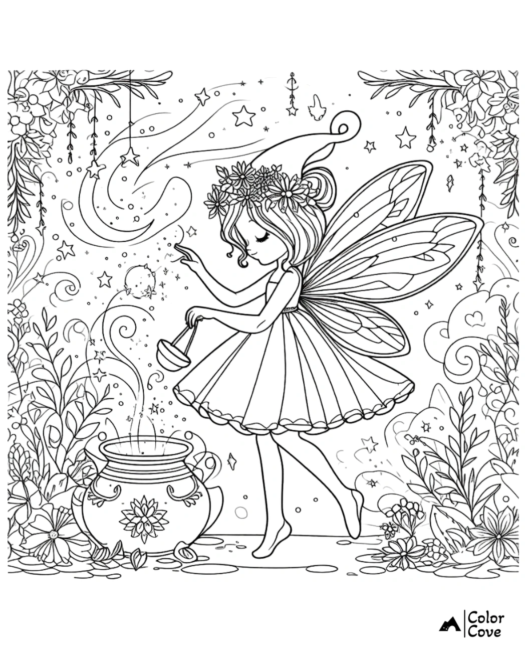 Fairy adds magic to cauldron amid enchanting forest scene; perfect coloring page for kids and fantasy enthusiasts.