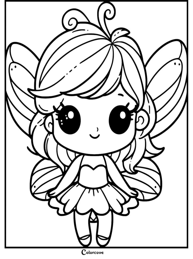 A cute chibi fairy with large eyes and butterfly wings in a line art coloring page style.