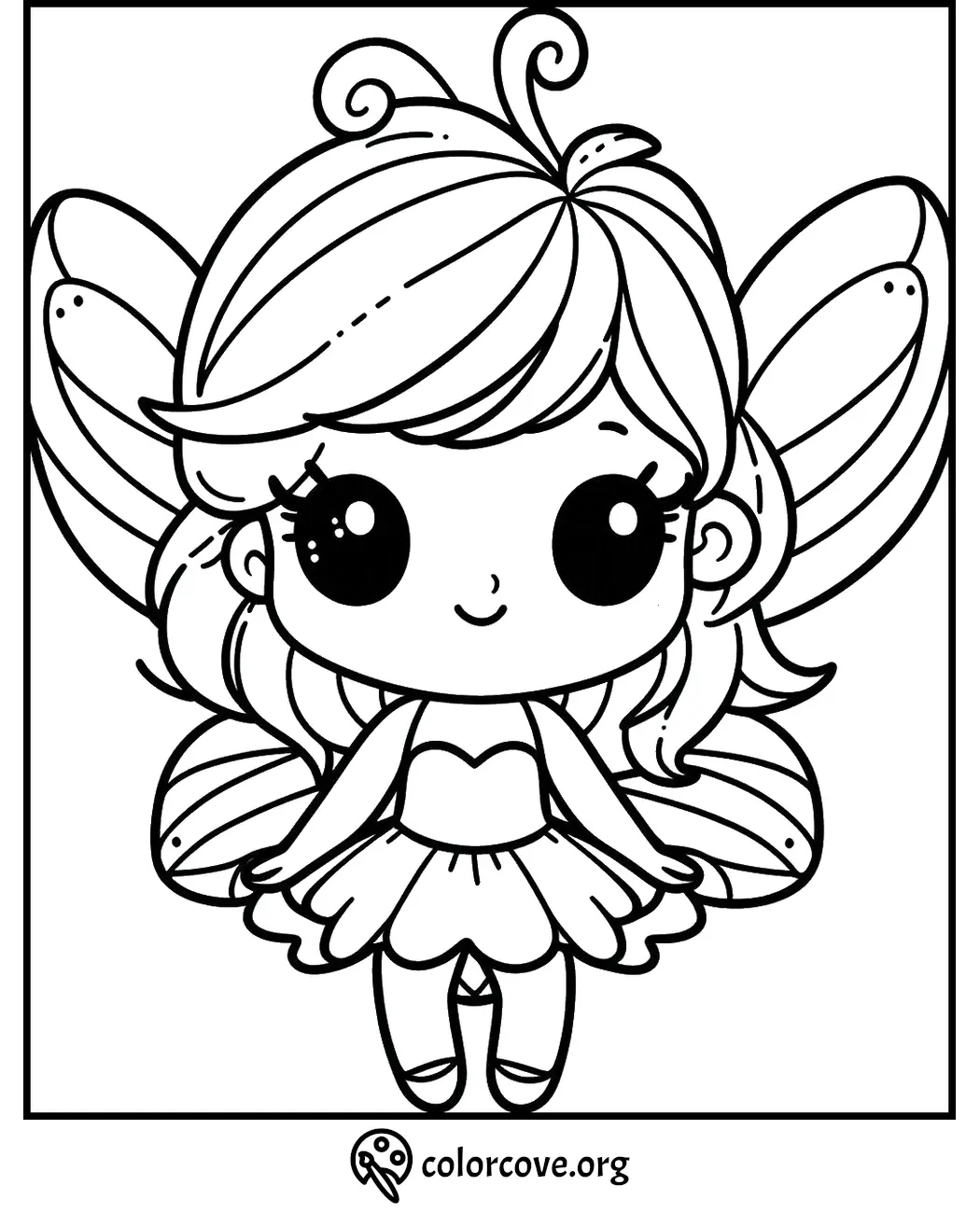 Cute fairy coloring page for kids with large eyes, wings, and a dress. Download and color at colorcove.org.