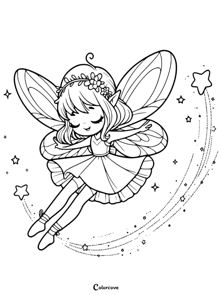 A cute fairy wearing a flower crown and ballet slippers flying through a trail of stars in this printable coloring page.