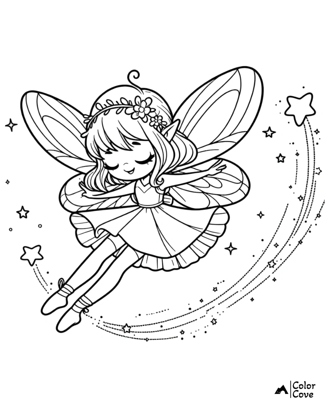 Cute fairy with wings and flower crown flying with stars in coloring page. Printable magical fairy illustration for kids.