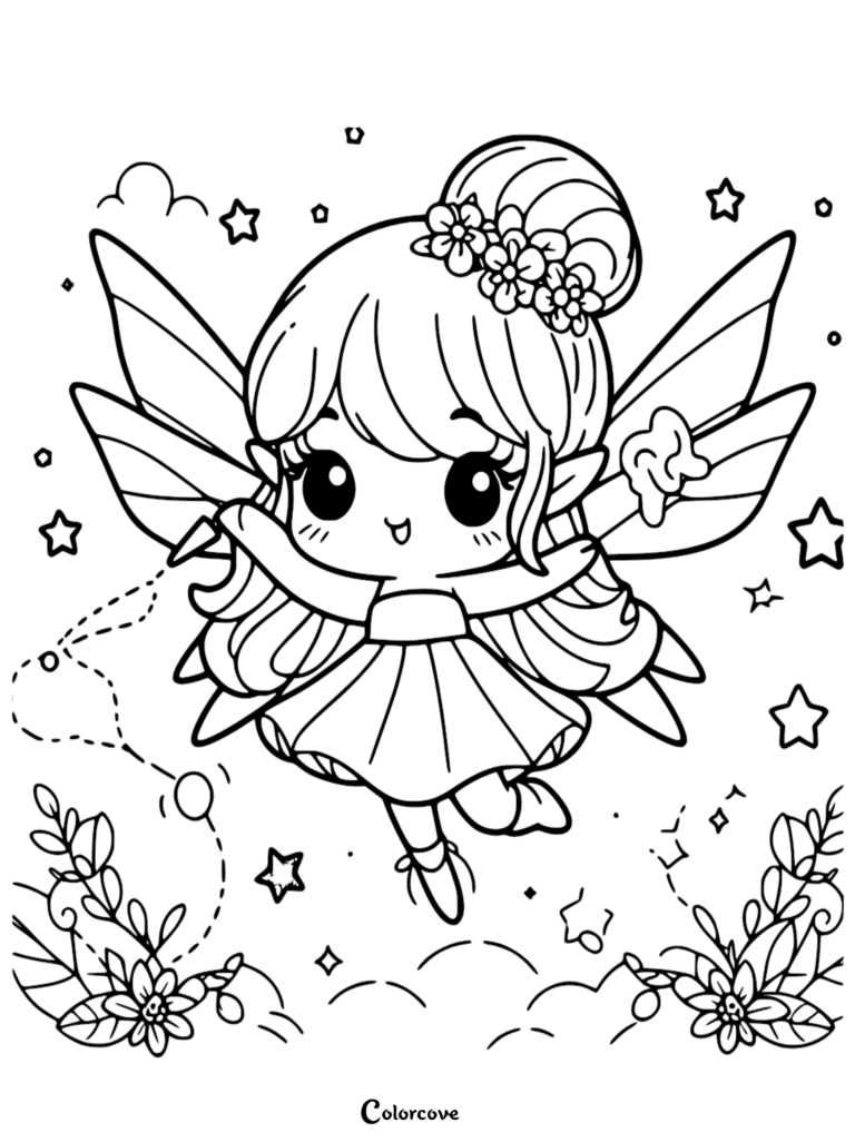 A cute chibi fairy with a flower bun hairstyle holding a magic wand, featured on a printable coloring page with stars and flowers.