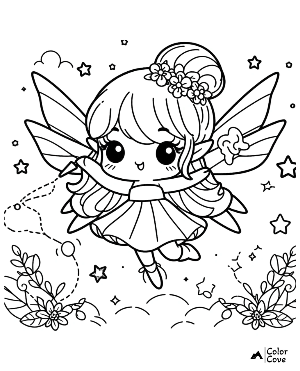 Cute fairy coloring page for kids, featuring a fairy with wings, flowers, and stars. Perfect for children's art activities.