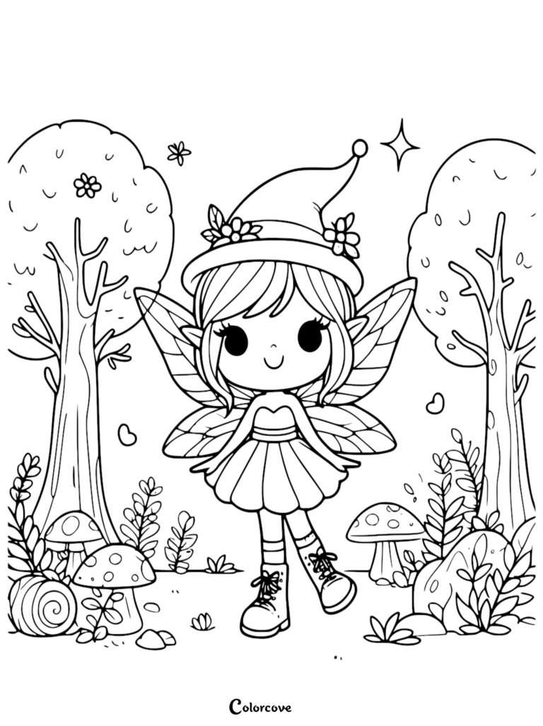 A cute chibi fairy wearing a flower-adorned hat and boots standing in a magical forest, featured as a printable coloring page.