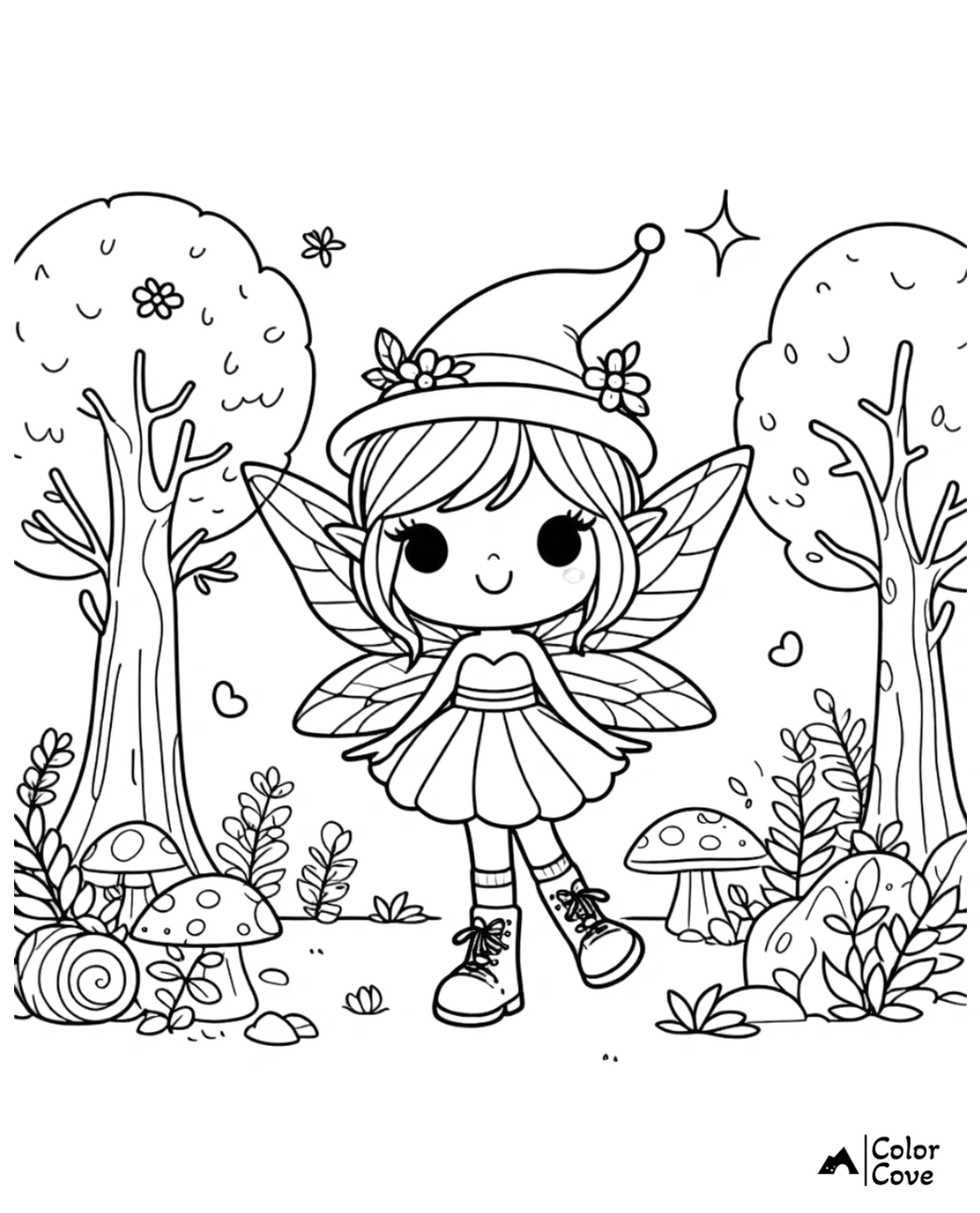 Coloring page of an adorable fairy in a hat, surrounded by trees, mushrooms, and nature. Perfect for kids to color.