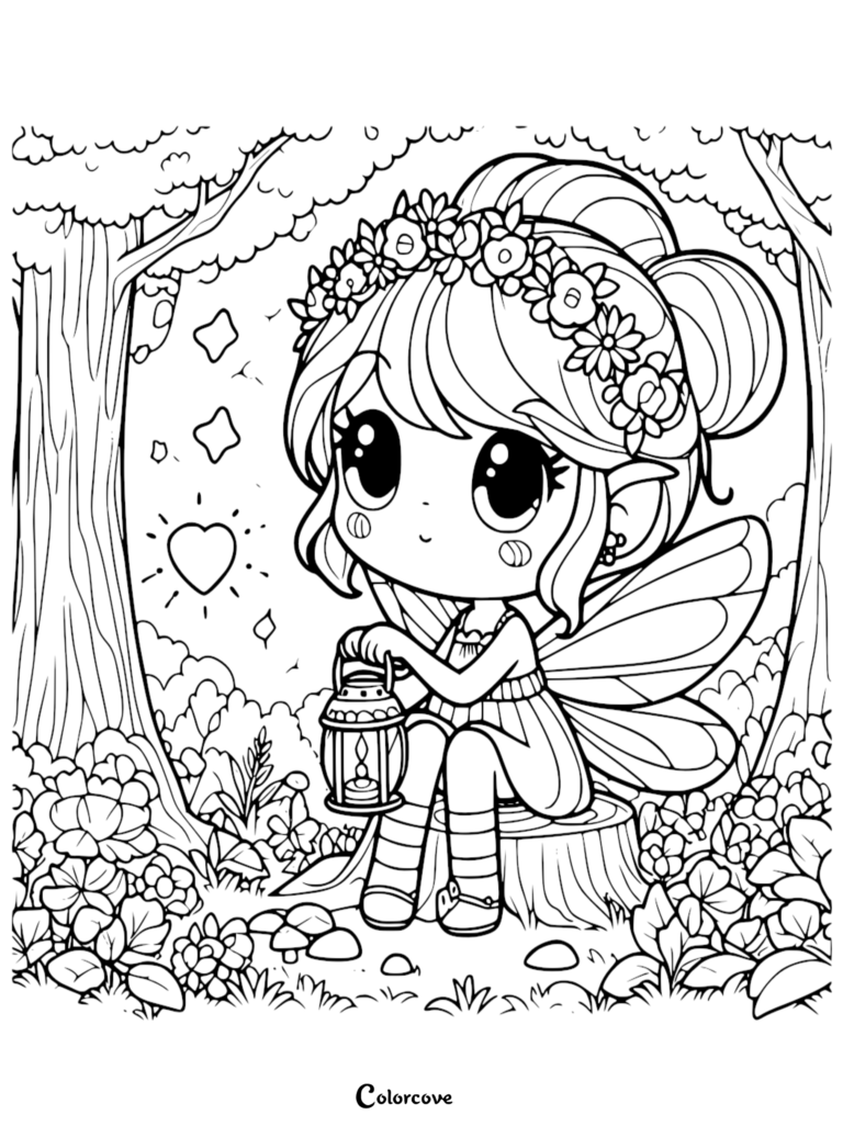 A cute chibi fairy wearing a flower crown and holding a lantern while sitting on a tree stump in a magical forest coloring page.