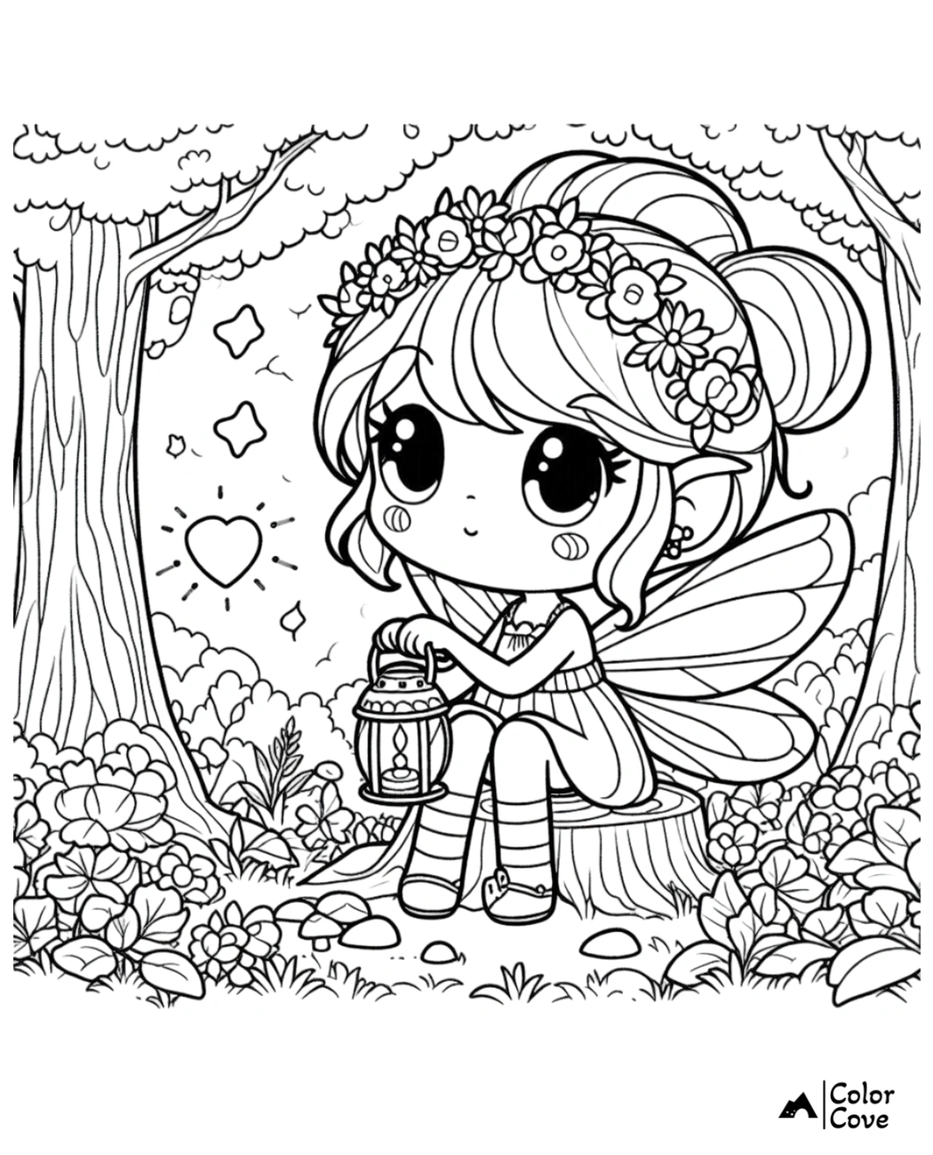 Fairy coloring page: an adorable fairy with flower crown and wings, sitting on a tree stump with a lantern in forest.