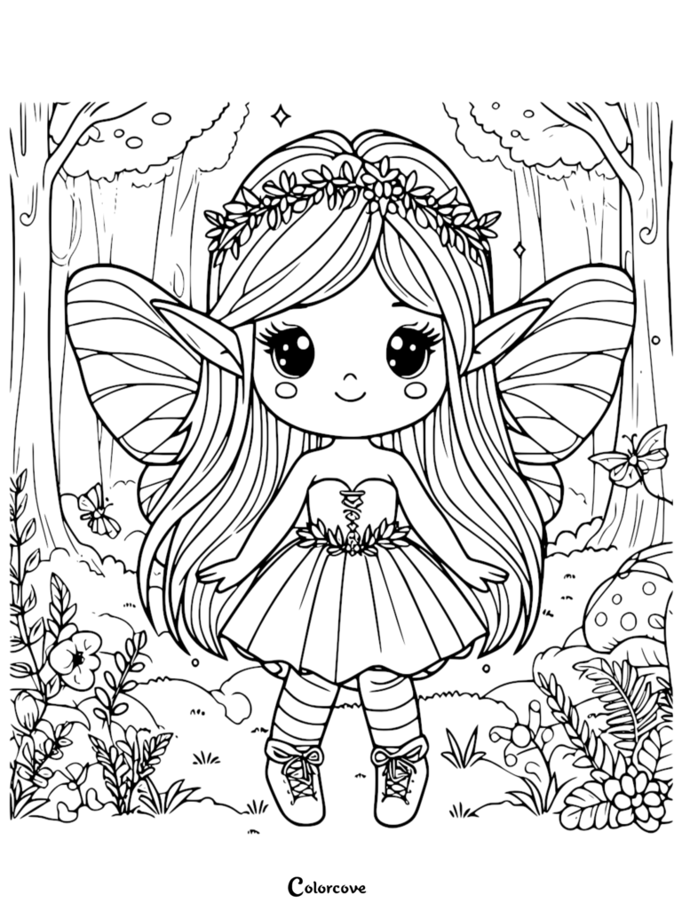 A cute chibi fairy with a flower crown and large wings standing in a forest, printable coloring page.