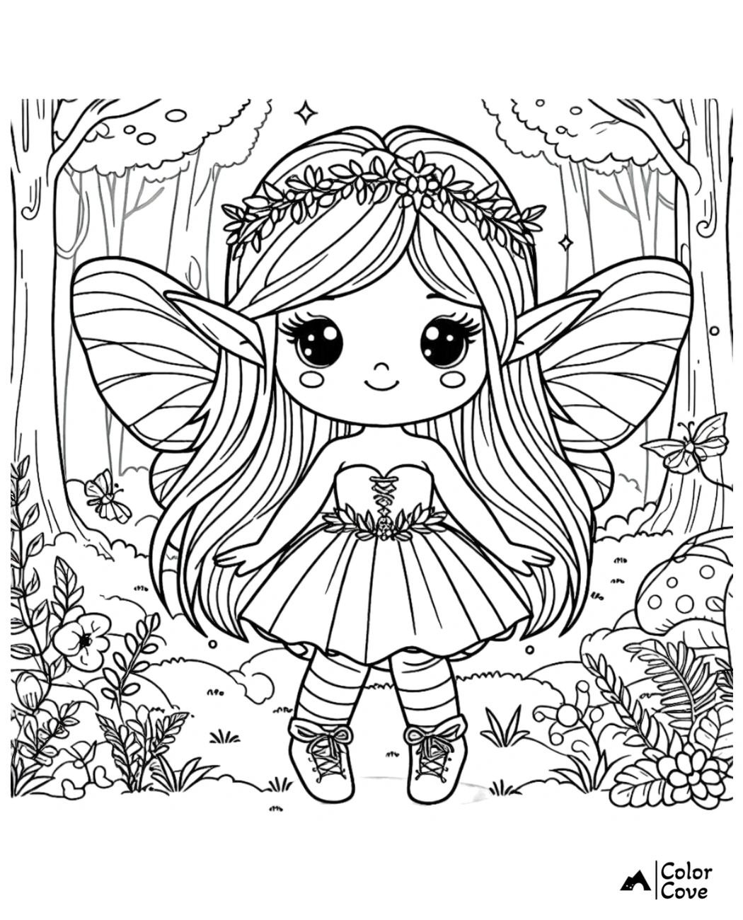 Adorable fairy coloring page with wings, floral crown, dress, and boots in an enchanting forest setting. Perfect for kids!