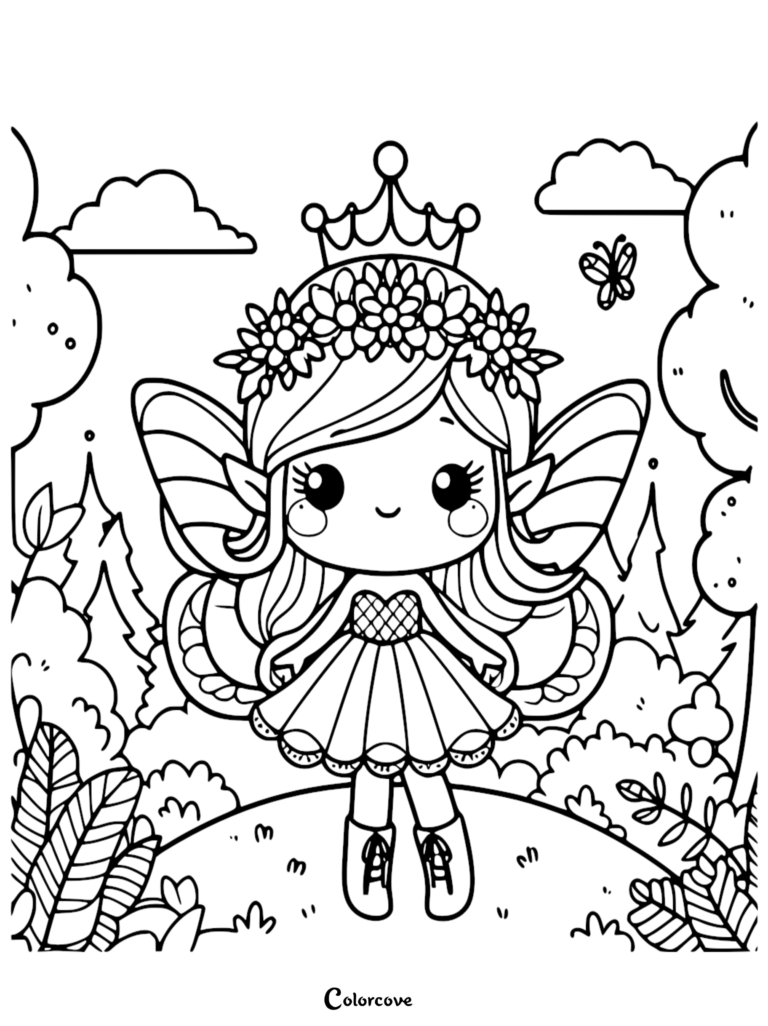 A cute chibi fairy princess wearing a flower crown and tiara in a forest setting, featured on a printable coloring page.