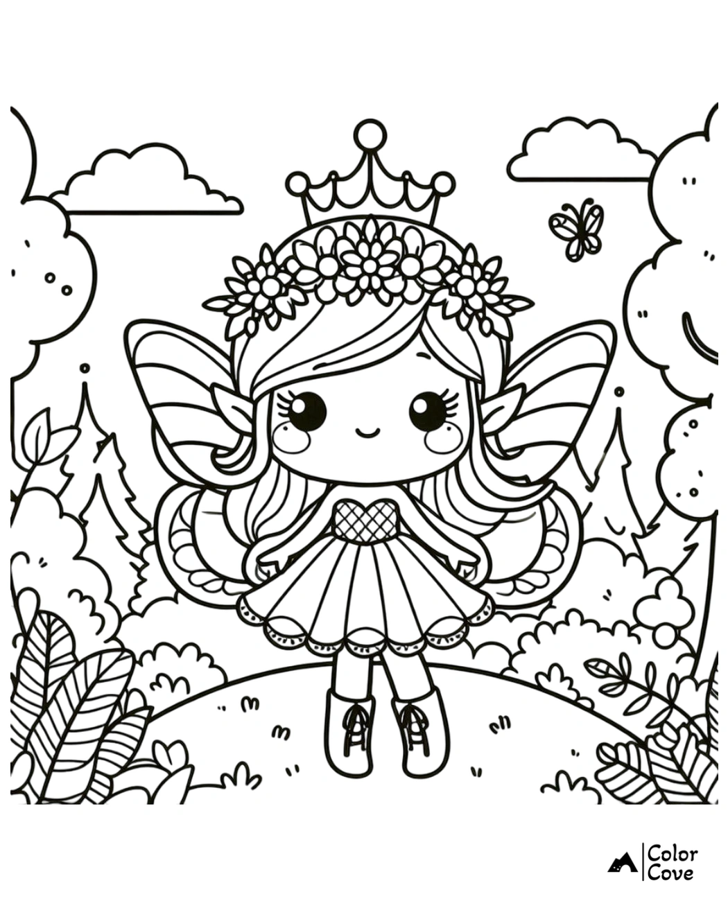 Cute fairy princess coloring page with crown and flowers, surrounded by trees and a butterfly, perfect for kids' activities.