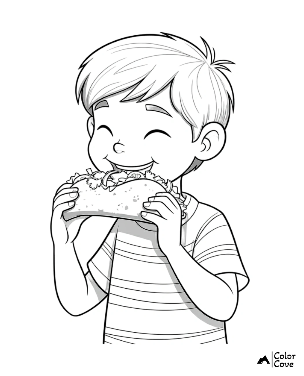 a cartoon of a boy eating a taco