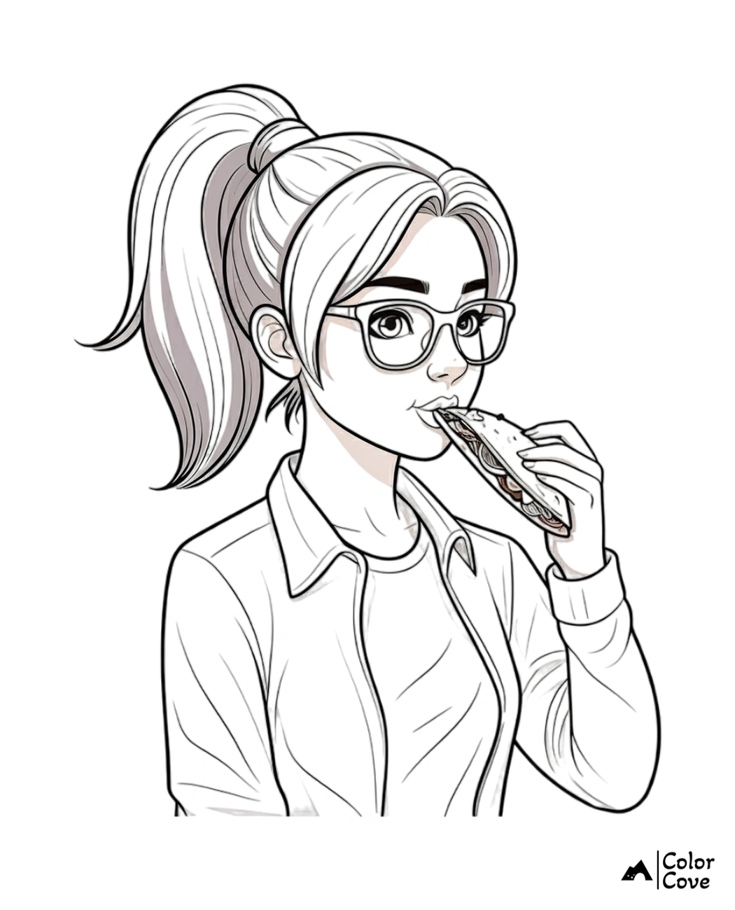 a cartoon of a woman eating a sandwich