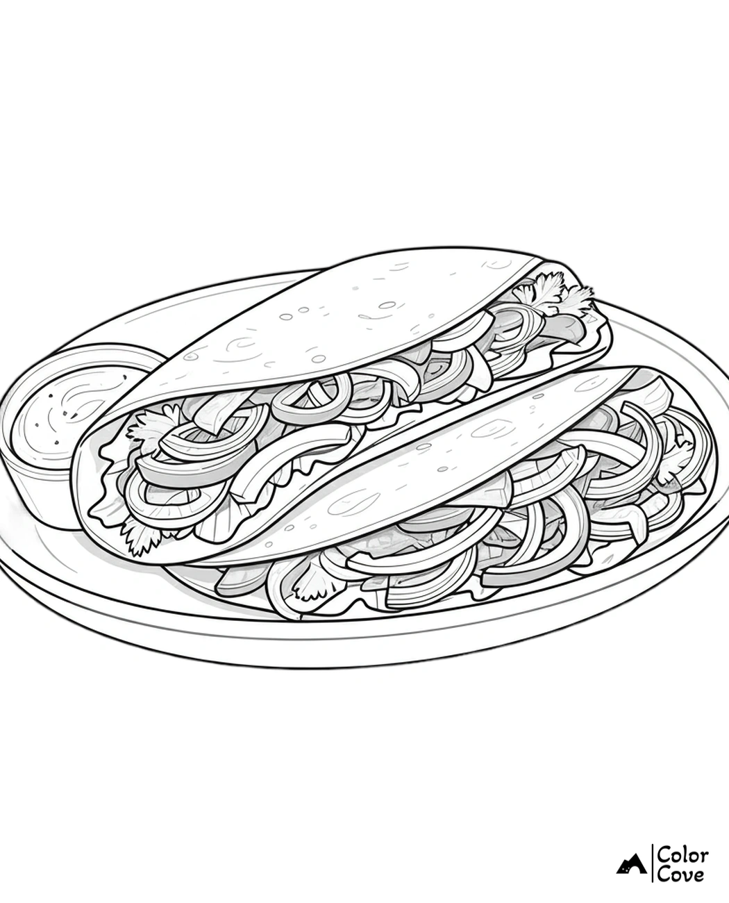 a black and white drawing of a taco on a plate