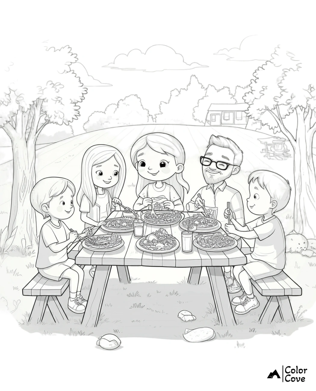 a coloring page of a family eating pizza