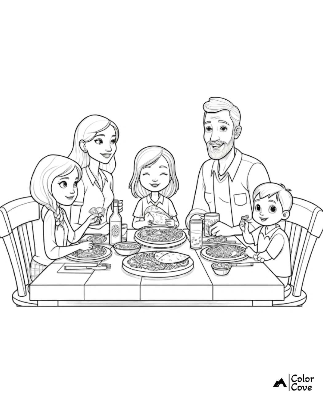 a family sitting at a table eating pizza