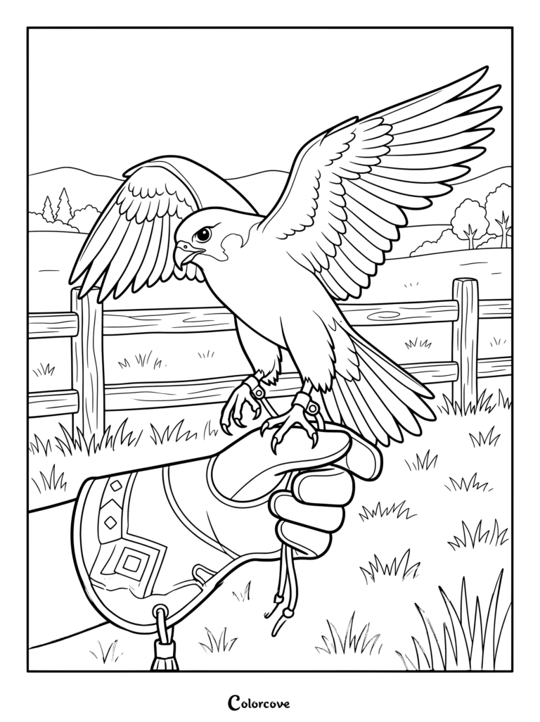 Falcon perched on a gloved hand coloring page in a countryside setting.