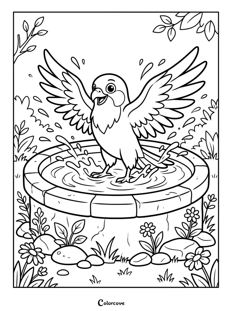 Happy falcon splashing water in a stone birdbath coloring page