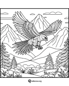 a coloring page of a bird flying over mountains