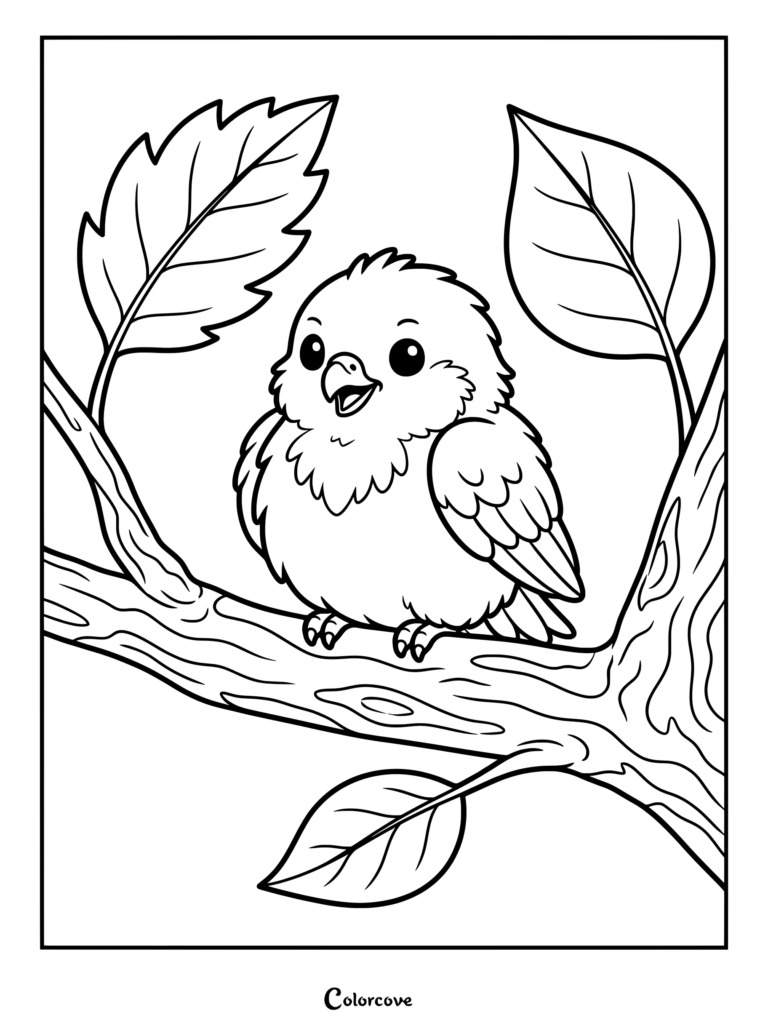 Printable falcon coloring page featuring a cute baby bird perched on a tree branch.