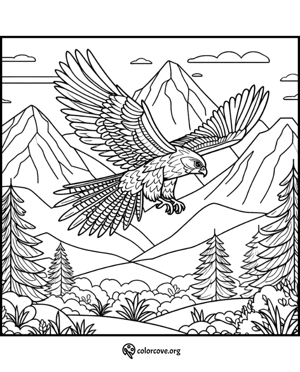 a coloring page of a bird flying over mountains