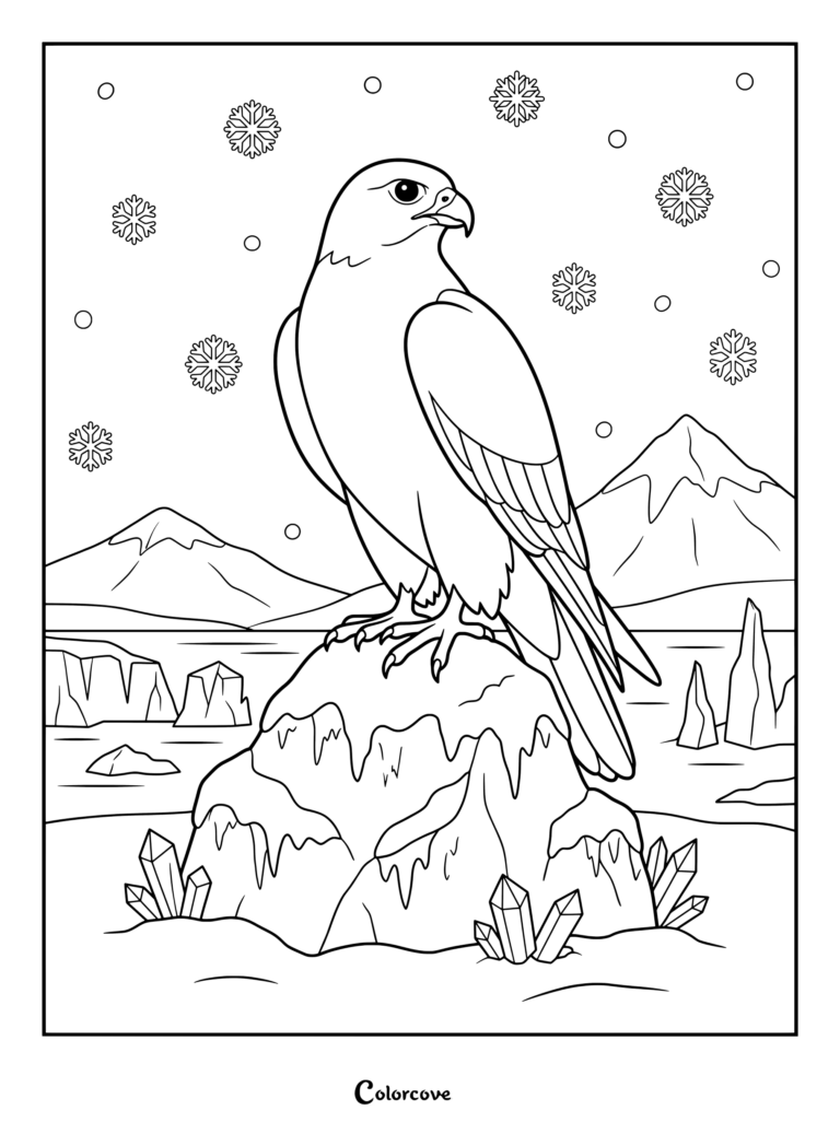 Falcon coloring page featuring a majestic bird perched on a snowy rock surrounded by crystals and falling snowflakes.