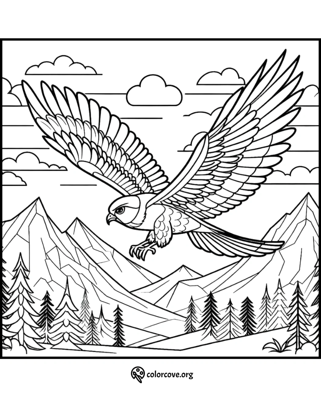 a black and white drawing of a bird flying over mountains