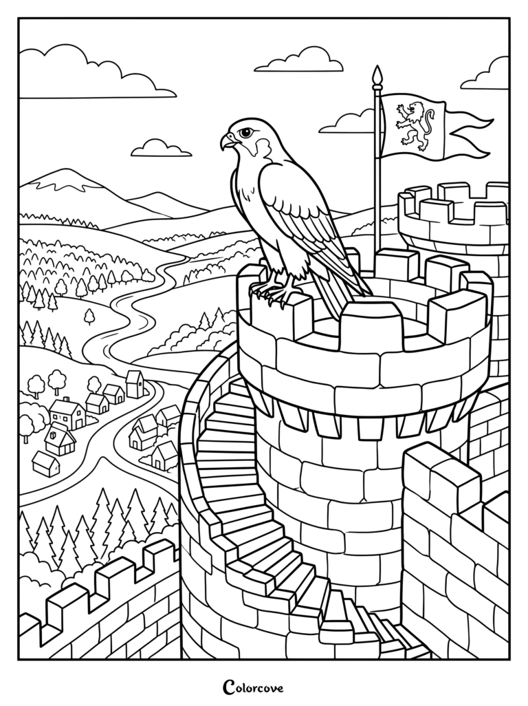 A majestic falcon coloring page perched on a stone castle tower overlooking a medieval village and winding river valley.