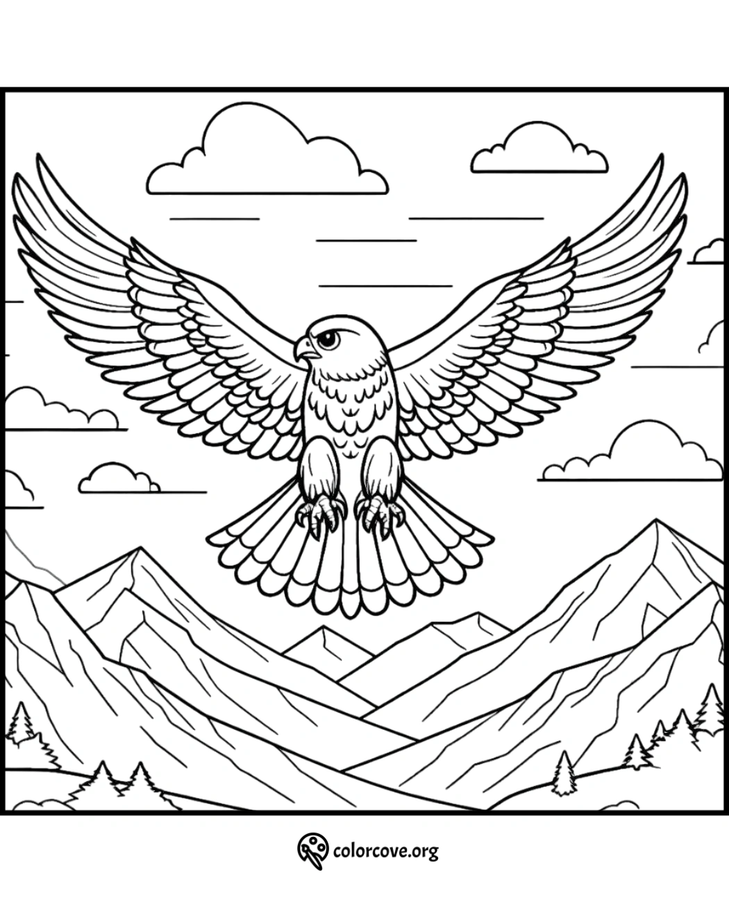 a black and white drawing of a bird flying over mountains