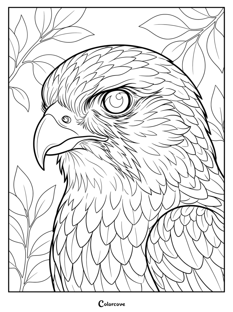 Detailed falcon coloring page featuring a sharp bird head surrounded by leaves.
