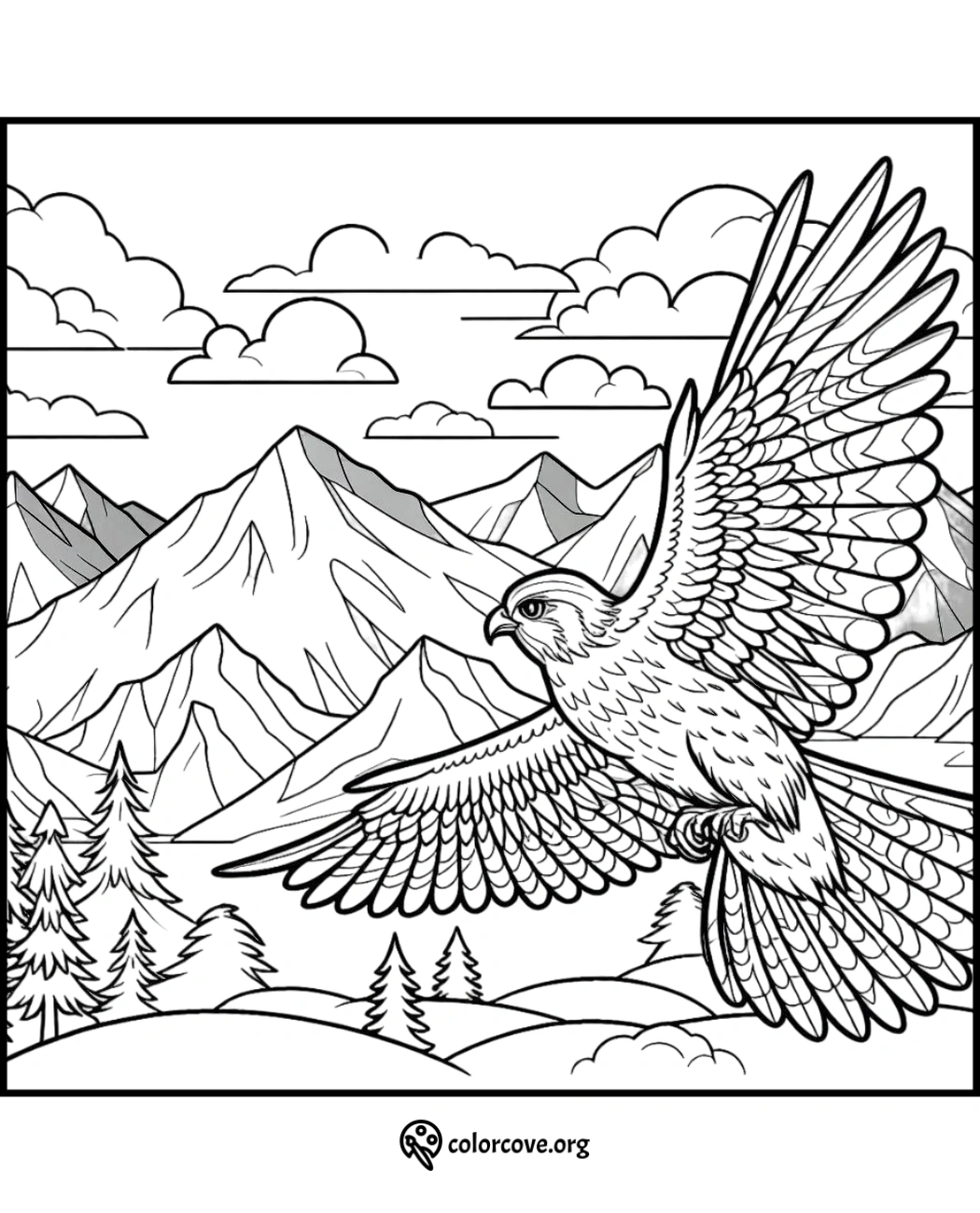 a coloring page of a bird flying over mountains