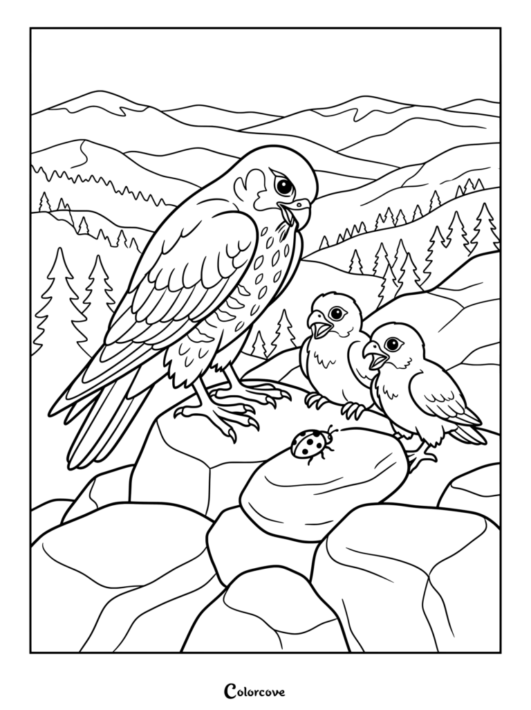 An adult falcon and two baby chicks perched on rocks with a ladybug, set against a mountain and forest backdrop in a printable coloring page.